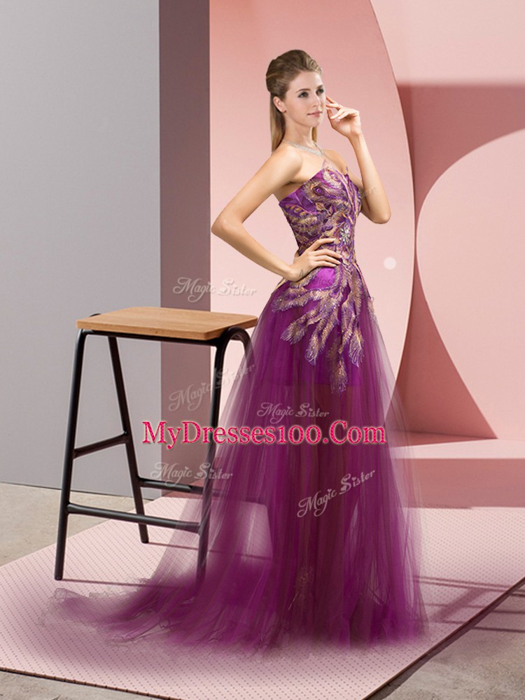 Purple Prom and Party with Appliques Sweetheart Sleeveless Brush Train Zipper