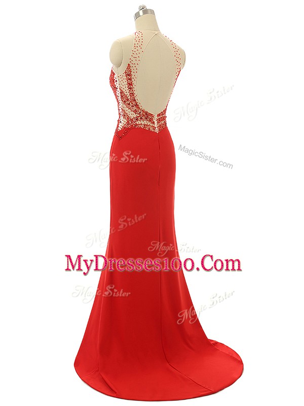 High-neck Sleeveless Brush Train Backless Prom Evening Gown Red Chiffon