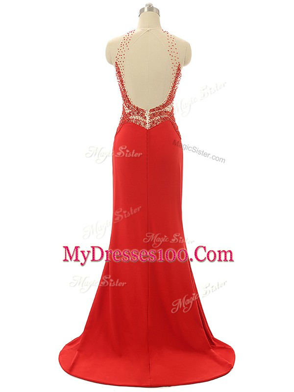 High-neck Sleeveless Brush Train Backless Prom Evening Gown Red Chiffon