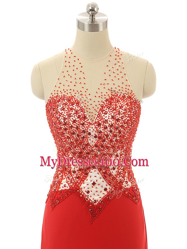 High-neck Sleeveless Brush Train Backless Prom Evening Gown Red Chiffon
