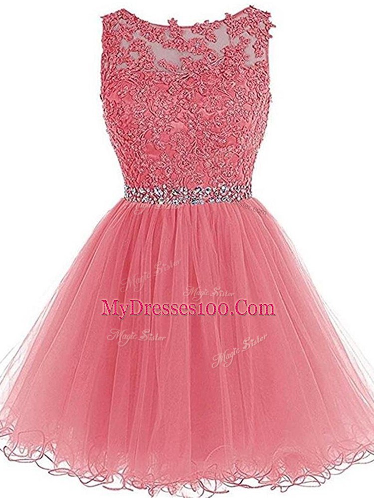 Sleeveless Mini Length Beading and Lace and Appliques and Ruffles Zipper Prom Gown with Pink