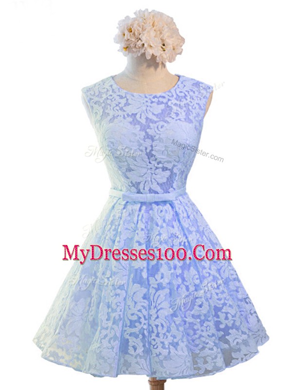 Scoop Sleeveless Bridesmaid Dress Knee Length Belt Lavender Lace