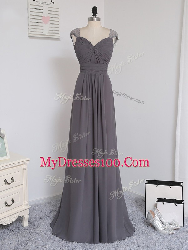 Grey Bridesmaid Dress Prom and Party and Wedding Party with Lace and Ruching Straps Cap Sleeves Brush Train Zipper