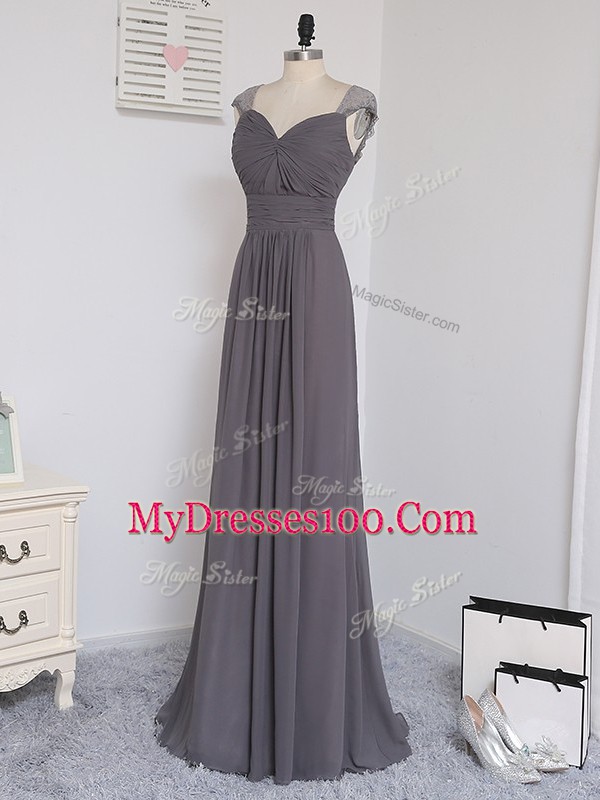 Grey Bridesmaid Dress Prom and Party and Wedding Party with Lace and Ruching Straps Cap Sleeves Brush Train Zipper