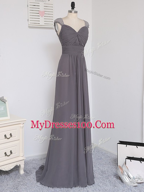 Grey Bridesmaid Dress Prom and Party and Wedding Party with Lace and Ruching Straps Cap Sleeves Brush Train Zipper