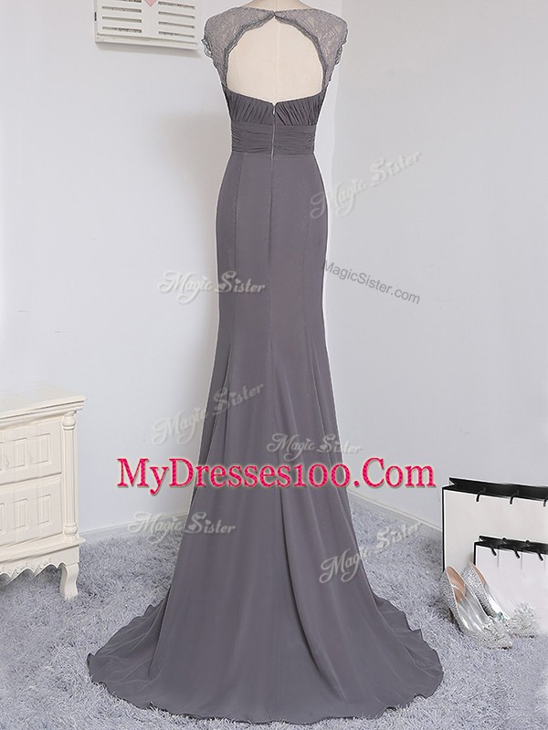 Grey Bridesmaid Dress Prom and Party and Wedding Party with Lace and Ruching Straps Cap Sleeves Brush Train Zipper