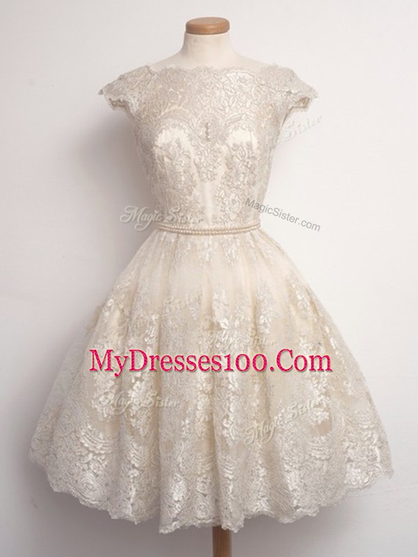 Champagne Cap Sleeves Lace Lace Up Vestidos de Damas for Prom and Party and Wedding Party