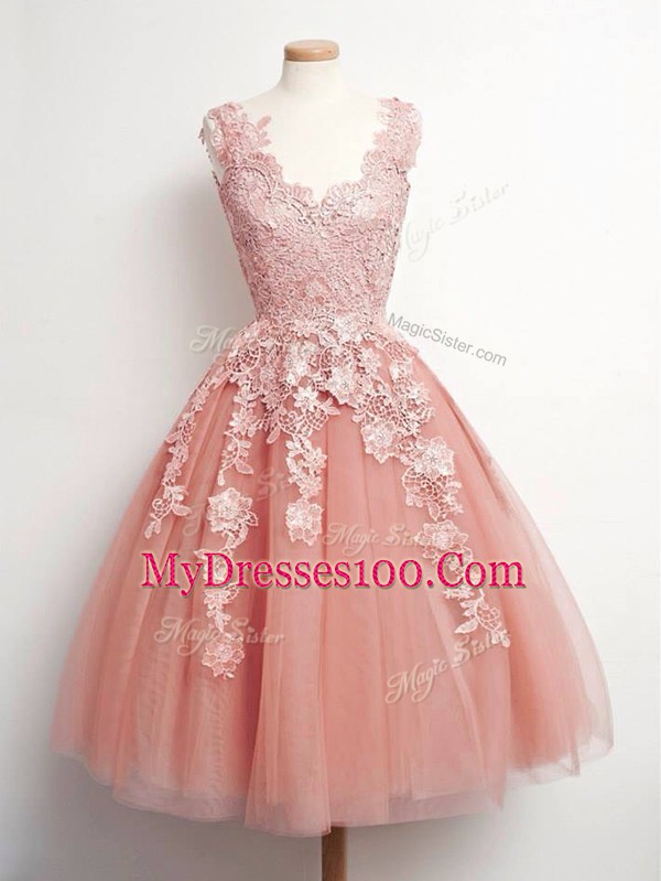 High Class Peach Ball Gowns Tulle V-neck Sleeveless Lace Knee Length Lace Up Bridesmaid Dress