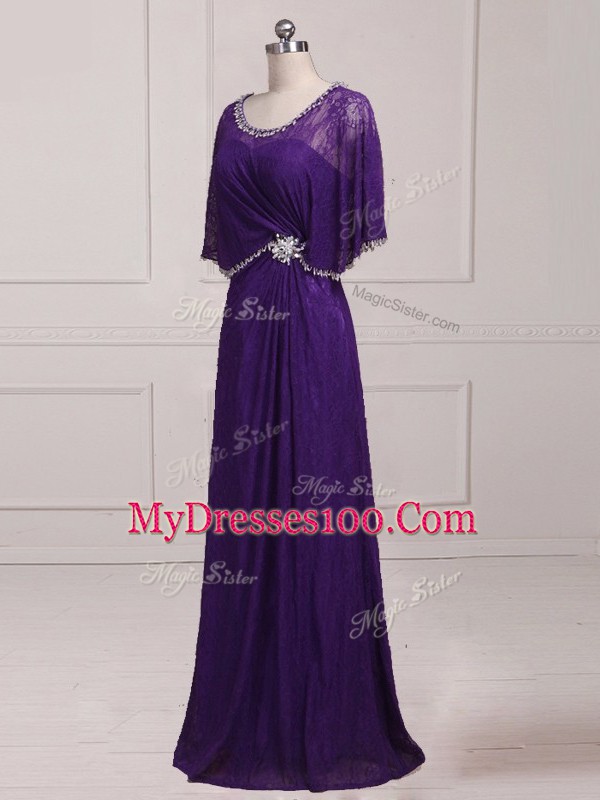 Sexy Floor Length Purple Mother Dresses Lace Sleeveless Beading and Appliques