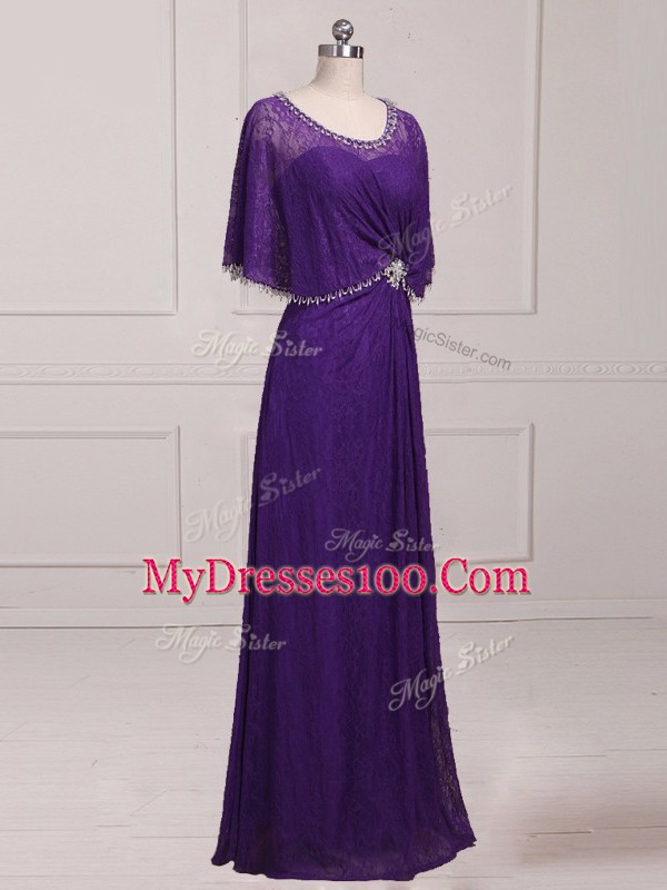 Sexy Floor Length Purple Mother Dresses Lace Sleeveless Beading and Appliques