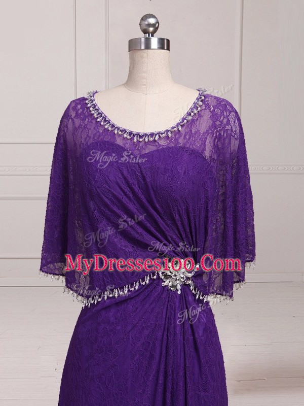Sexy Floor Length Purple Mother Dresses Lace Sleeveless Beading and Appliques