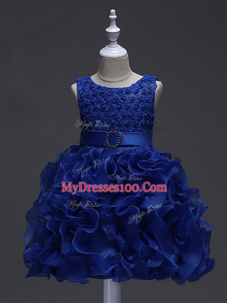 Royal Blue Lace Up Scoop Ruffles and Belt Little Girls Pageant Dress Wholesale Organza Sleeveless