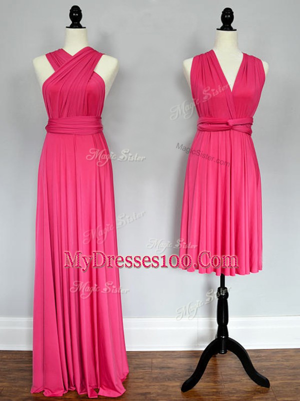 Halter Top Sleeveless Bridesmaid Dresses Floor Length Ruching Hot Pink Chiffon
