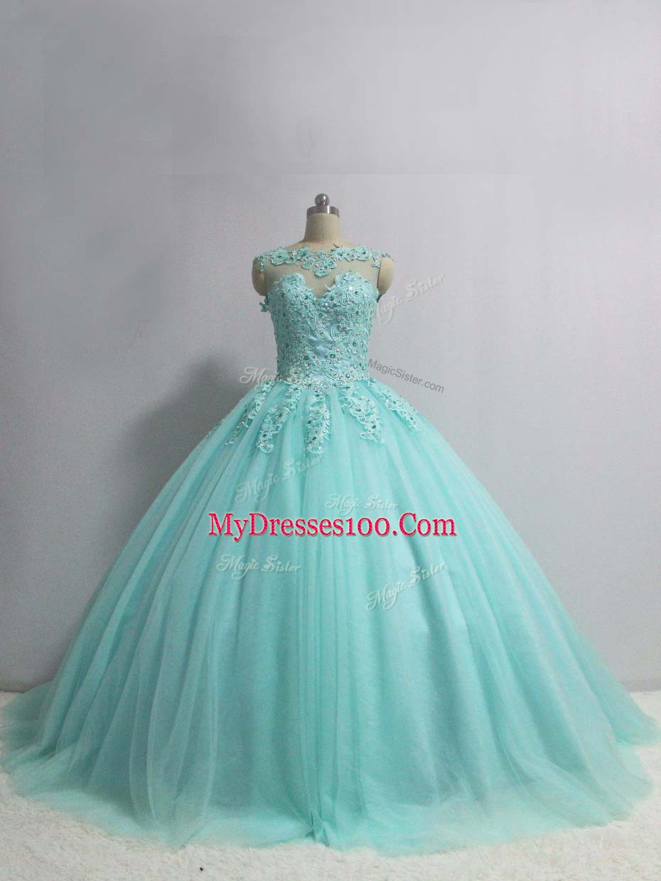 Aqua Blue Ball Gowns Scoop Sleeveless Tulle Floor Length Lace Up Appliques 15 Quinceanera Dress