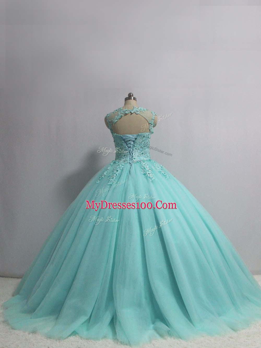 Aqua Blue Ball Gowns Scoop Sleeveless Tulle Floor Length Lace Up Appliques 15 Quinceanera Dress