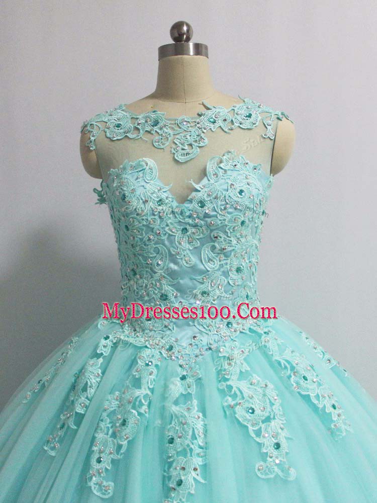 Aqua Blue Ball Gowns Scoop Sleeveless Tulle Floor Length Lace Up Appliques 15 Quinceanera Dress