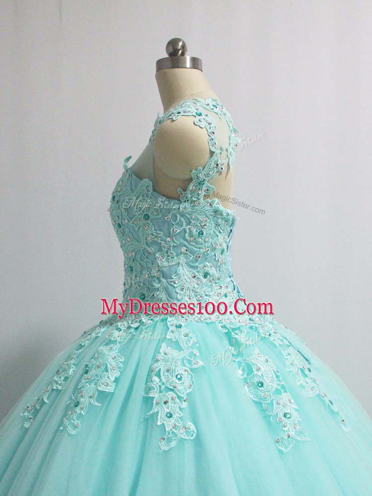 Aqua Blue Ball Gowns Scoop Sleeveless Tulle Floor Length Lace Up Appliques 15 Quinceanera Dress
