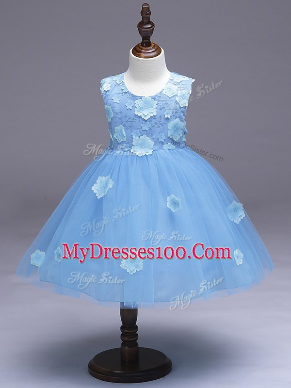 Light Blue Sleeveless Appliques and Bowknot Knee Length Little Girls Pageant Dress