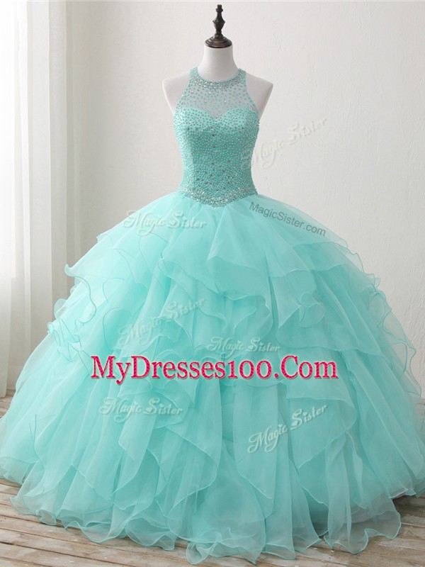 Custom Design Apple Green Sleeveless Floor Length Beading and Ruffles Lace Up Quinceanera Gowns
