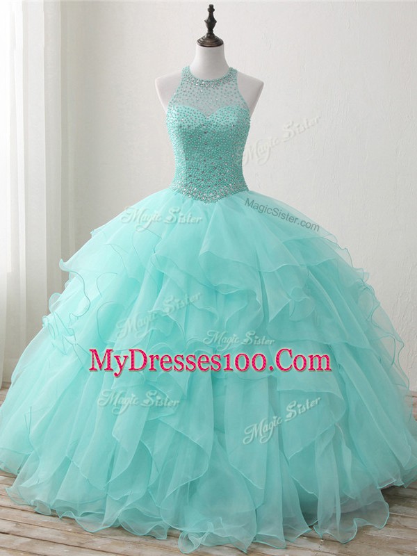 Custom Design Apple Green Sleeveless Floor Length Beading and Ruffles Lace Up Quinceanera Gowns
