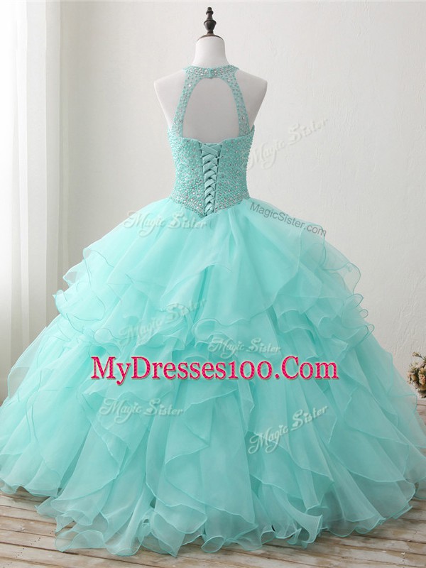 Custom Design Apple Green Sleeveless Floor Length Beading and Ruffles Lace Up Quinceanera Gowns
