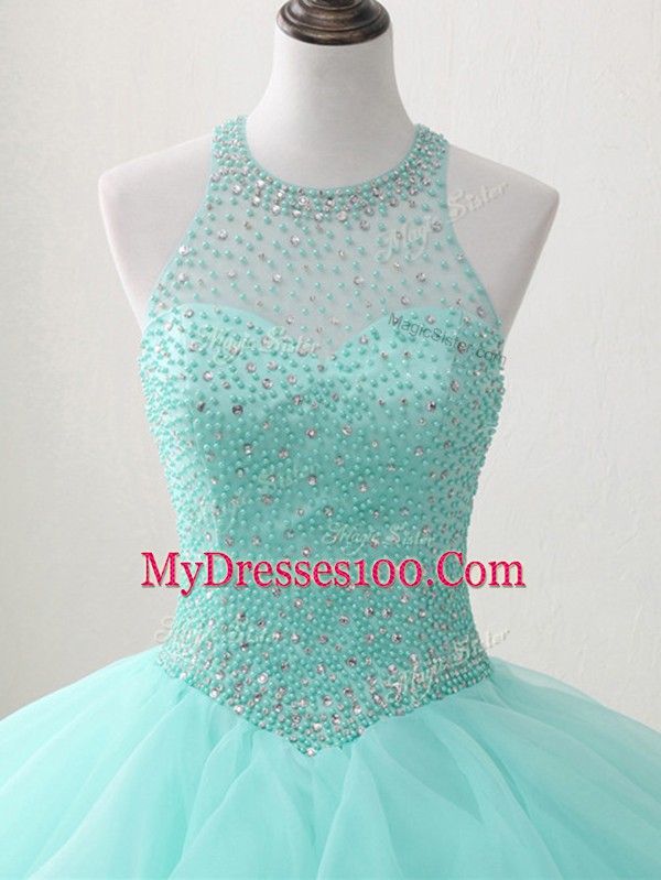 Custom Design Apple Green Sleeveless Floor Length Beading and Ruffles Lace Up Quinceanera Gowns