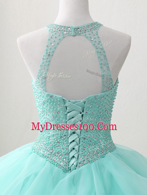 Custom Design Apple Green Sleeveless Floor Length Beading and Ruffles Lace Up Quinceanera Gowns