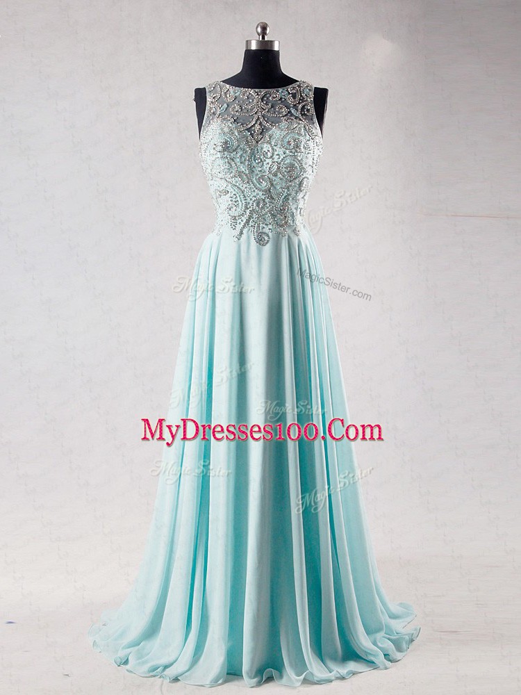 Top Selling Aqua Blue Chiffon Zipper Hoco Dress Sleeveless Brush Train Beading