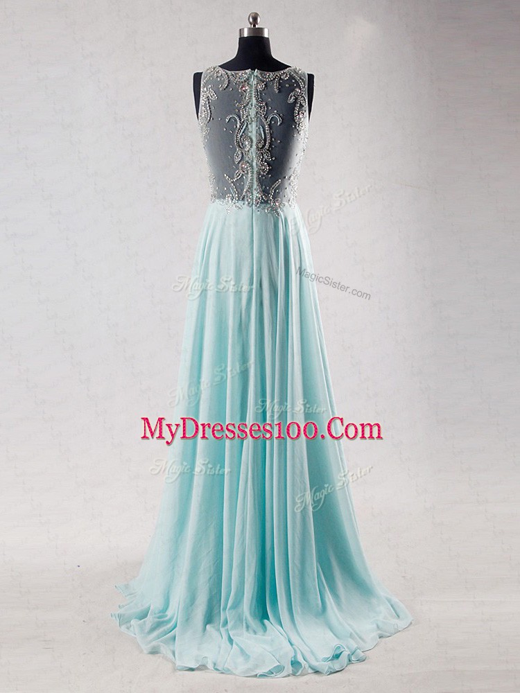 Top Selling Aqua Blue Chiffon Zipper Hoco Dress Sleeveless Brush Train Beading