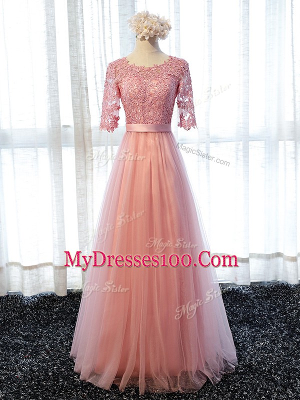 Popular Pink Tulle Lace Up Quinceanera Court Dresses Half Sleeves Floor Length Lace