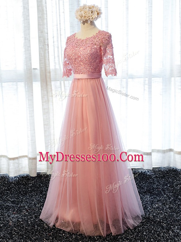 Popular Pink Tulle Lace Up Quinceanera Court Dresses Half Sleeves Floor Length Lace