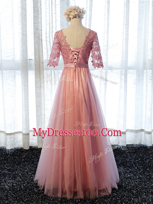 Popular Pink Tulle Lace Up Quinceanera Court Dresses Half Sleeves Floor Length Lace