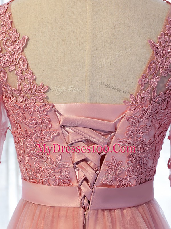 Popular Pink Tulle Lace Up Quinceanera Court Dresses Half Sleeves Floor Length Lace