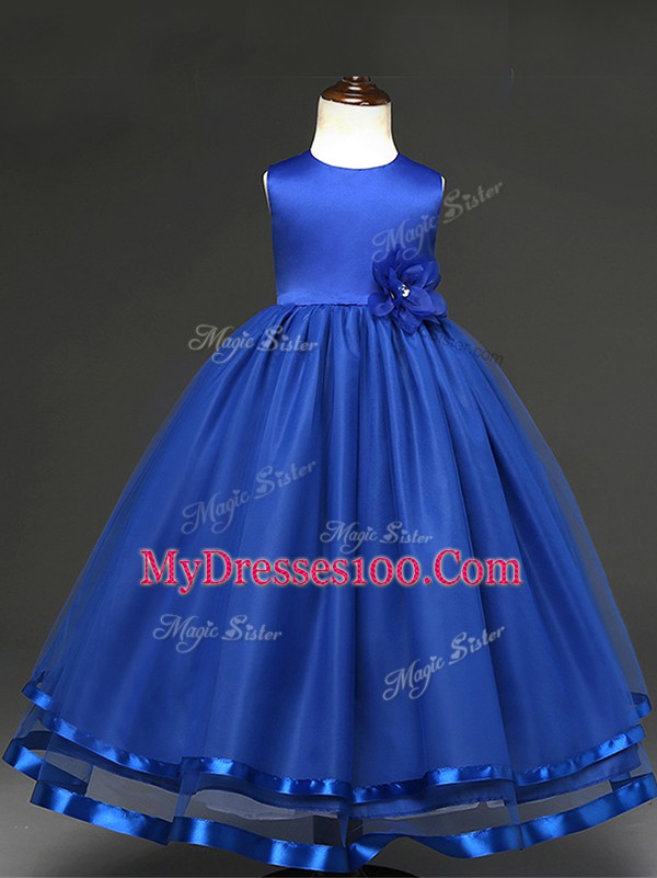 Royal Blue Tulle Zipper Scoop Sleeveless Floor Length Little Girls Pageant Dress Hand Made Flower
