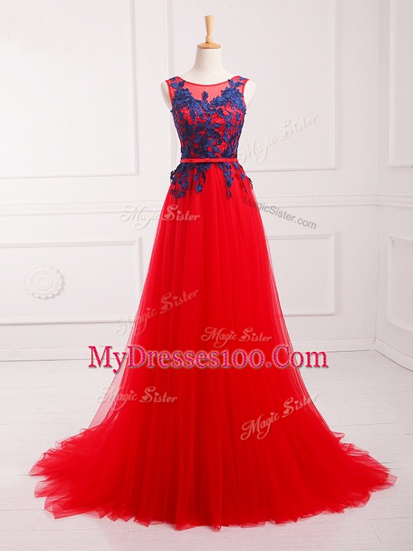 Red Lace Up Scoop Lace and Appliques Tulle Sleeveless Brush Train