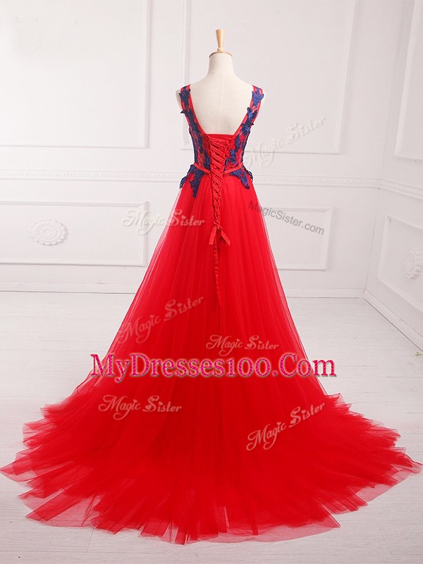 Red Lace Up Scoop Lace and Appliques Tulle Sleeveless Brush Train