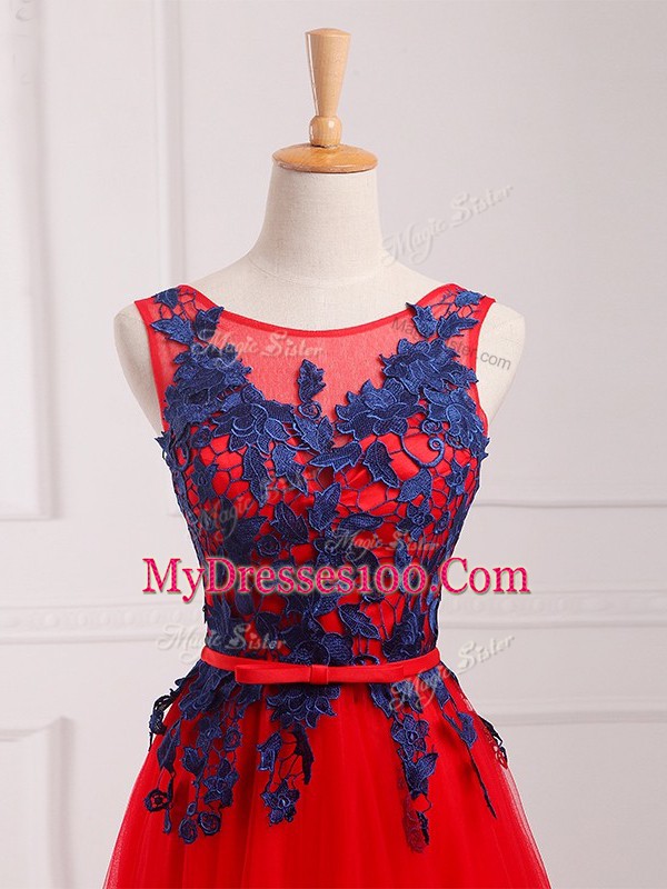 Red Lace Up Scoop Lace and Appliques Tulle Sleeveless Brush Train