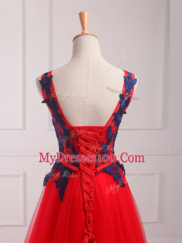 Red Lace Up Scoop Lace and Appliques Tulle Sleeveless Brush Train