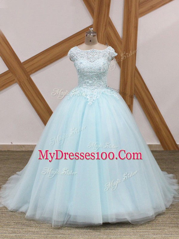 Ball Gowns Sleeveless Light Blue 15 Quinceanera Dress Brush Train Zipper