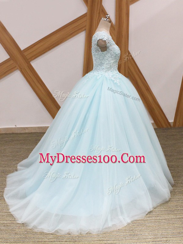Ball Gowns Sleeveless Light Blue 15 Quinceanera Dress Brush Train Zipper