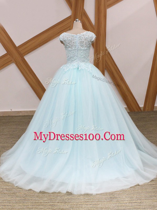 Ball Gowns Sleeveless Light Blue 15 Quinceanera Dress Brush Train Zipper
