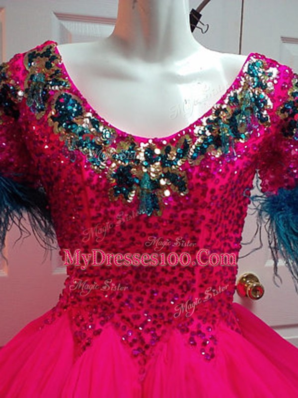 Unique A-line Cocktail Dress Fuchsia Scoop Organza Short Sleeves Mini Length Zipper