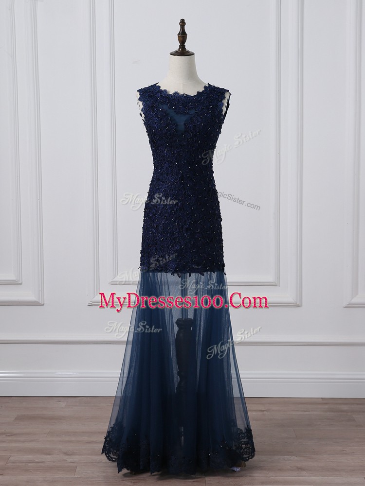 Tulle Scoop Sleeveless Lace Up Lace and Appliques Mother of Groom Dress in Navy Blue