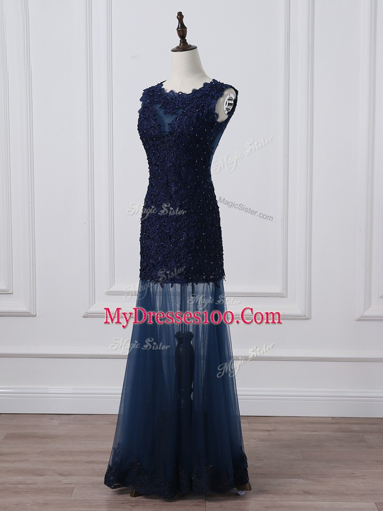 Tulle Scoop Sleeveless Lace Up Lace and Appliques Mother of Groom Dress in Navy Blue