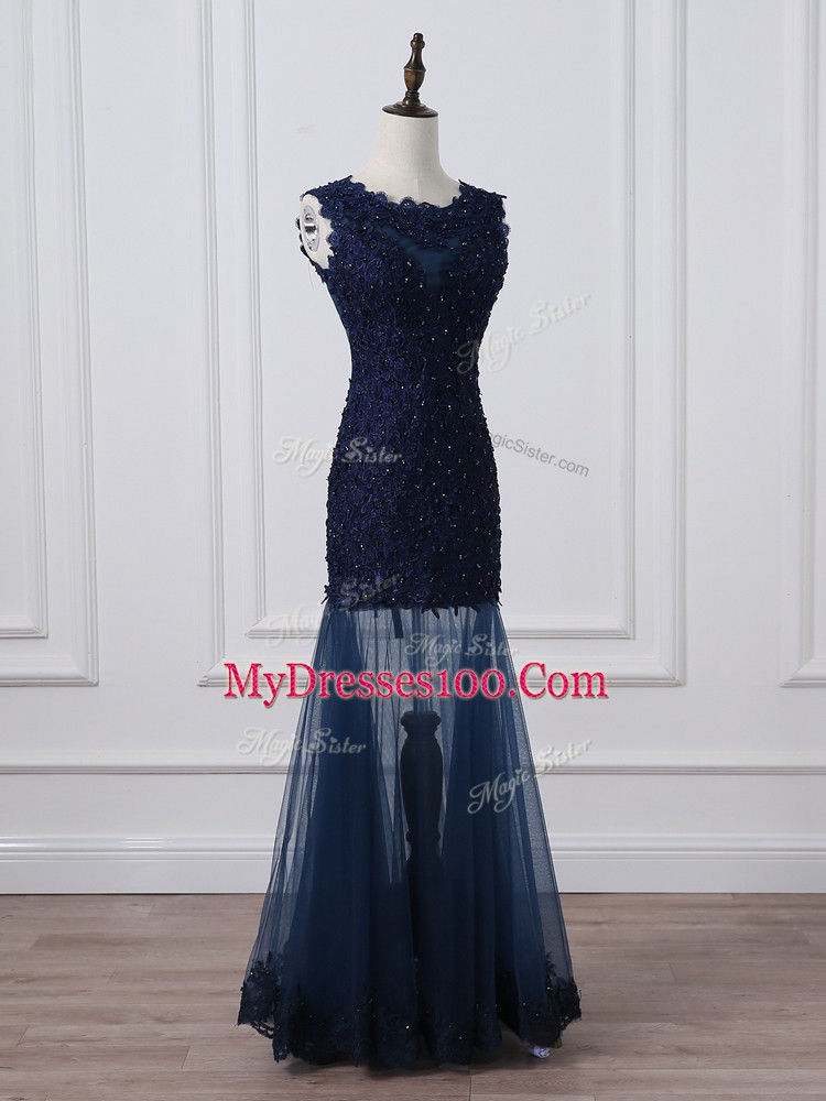 Tulle Scoop Sleeveless Lace Up Lace and Appliques Mother of Groom Dress in Navy Blue