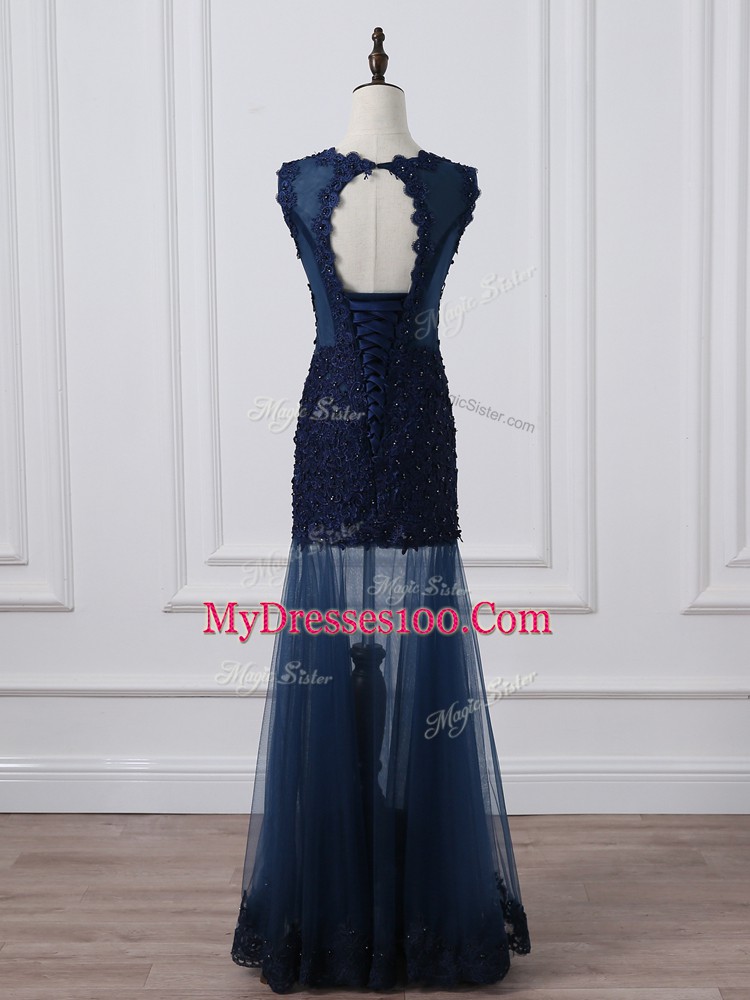 Tulle Scoop Sleeveless Lace Up Lace and Appliques Mother of Groom Dress in Navy Blue