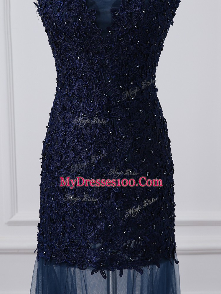 Tulle Scoop Sleeveless Lace Up Lace and Appliques Mother of Groom Dress in Navy Blue