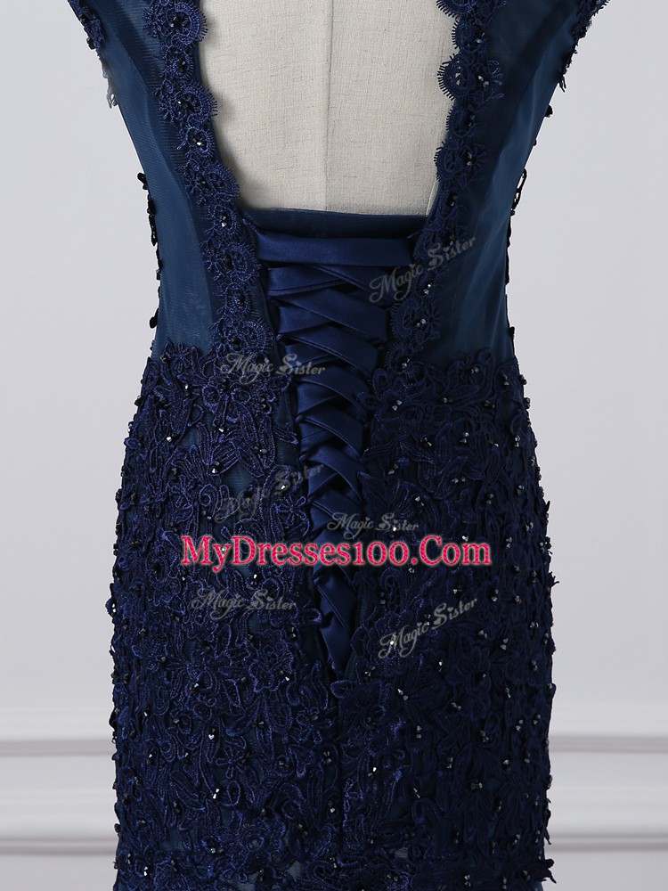 Tulle Scoop Sleeveless Lace Up Lace and Appliques Mother of Groom Dress in Navy Blue