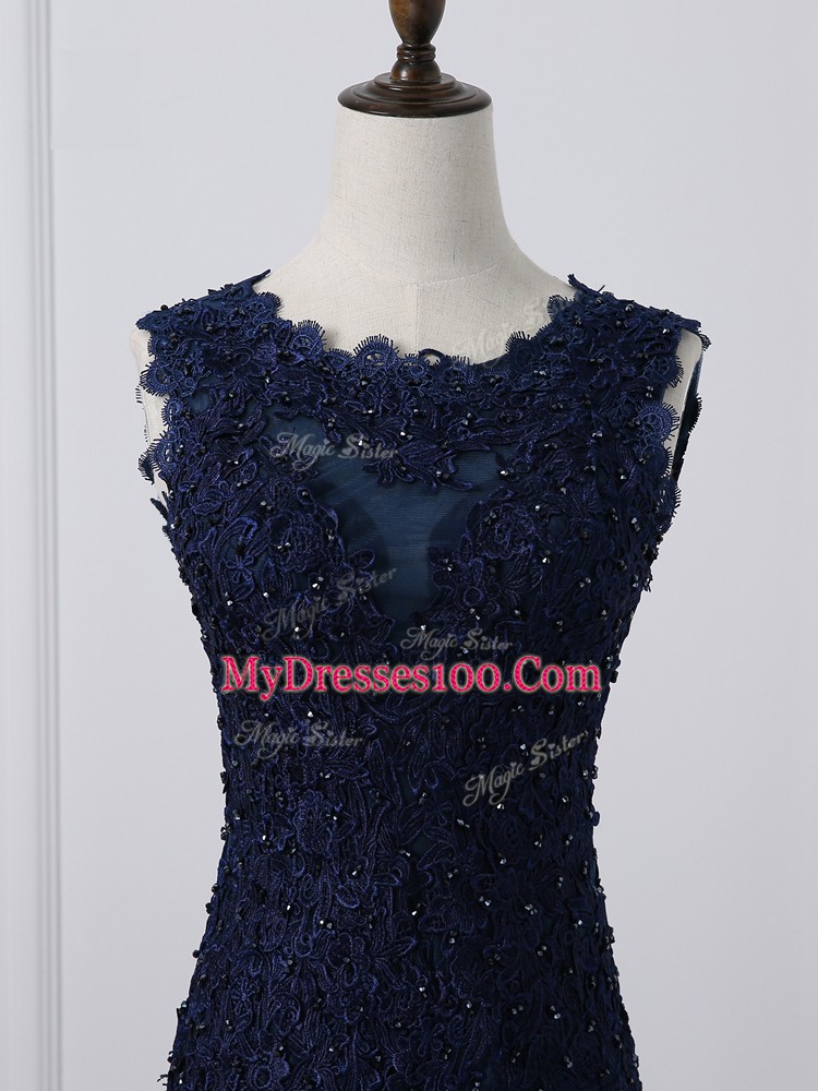 Tulle Scoop Sleeveless Lace Up Lace and Appliques Mother of Groom Dress in Navy Blue
