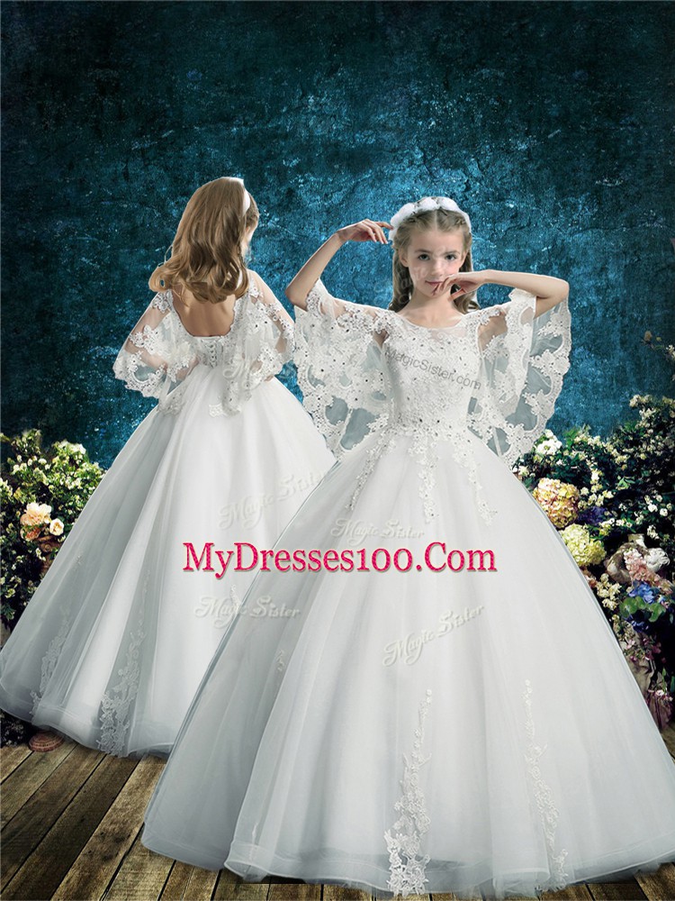 Cheap White Ball Gowns Tulle Scoop Half Sleeves Lace Floor Length Lace Up Flower Girl Dresses
